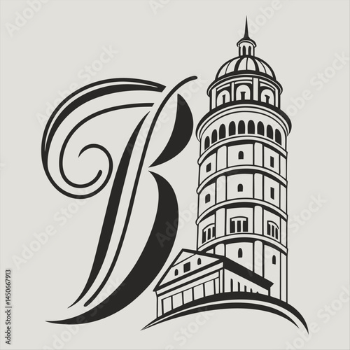 Elegant Line Art of Historic Mosque with Street Lamp.