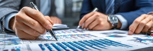 Financial Analysis: Two businesspeople meticulously reviewing financial documents, analyzing graphs and charts, showcasing their dedication and precision.