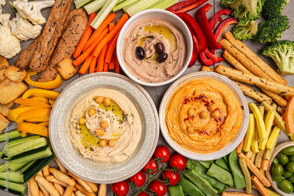 Various hummus dips. Hummus plate with vegetable snacks. Carrot, cucumber, tomato, celery sticks, dry crackers and olive, top view. Vegan and traditional hummus as healthy and vegan snack.