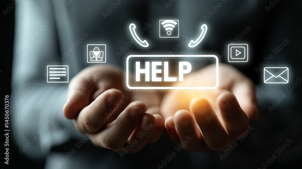A person reaches out with hands, showcasing a glowing HELP icon amidst communication symbols. A person reaches out with hands, showcasing a glowing HELP icon amidst communication symbols.