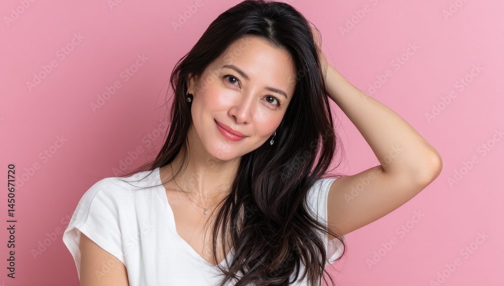 Radiant Serenity: A captivating portrait of a woman, her beauty enhanced by a soft touch of her own hair. Against a gentle pink background, she radiates an aura of calm and poise. Radiant Serenity: A captivating portrait of a woman, her beauty enhanced by a soft touch of her own hair. Against a gentle pink background, she radiates an aura of calm and poise.