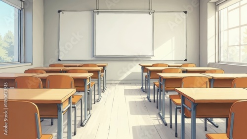 Spacious classroom with light wood desks, whiteboard, and a tranquil drawing on a paper