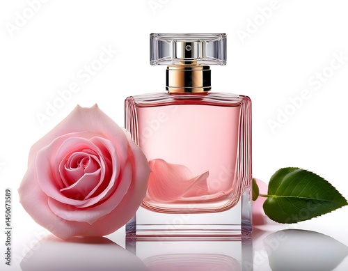 Elegant Perfume Bottle with Pink Rose, Petals, and Green Leaf - Floral Fragrance Concept