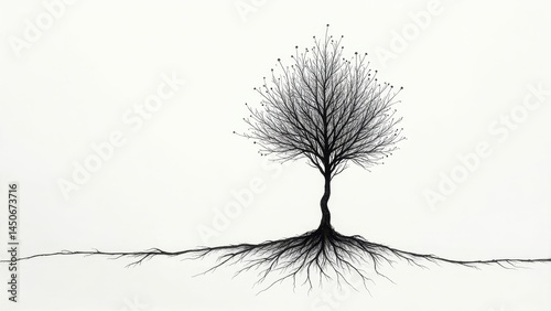 Abstract ink drawing of a single tree symbolizing growth and mindfulness with copyspace