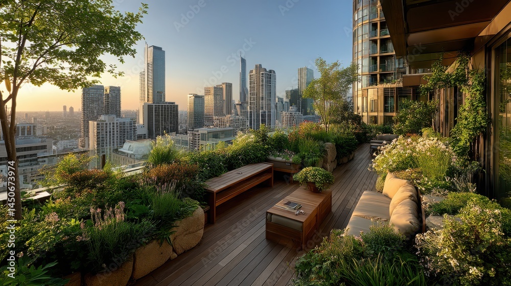 Fototapeta premium Breathtaking Rooftop Forest Garden Overlooking Urban Landscape ? Future of Sustainable Cities