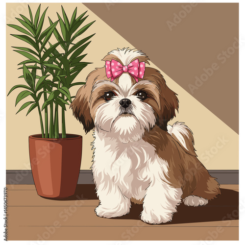 Shih Tzu puppy with a bow sitting beside a potted plant  