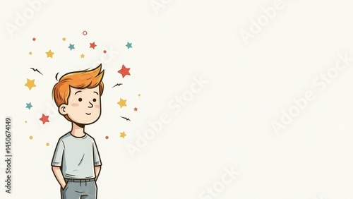 Cute boy illustration with stars and creativity theme, embodying the concept of decluttering the mind