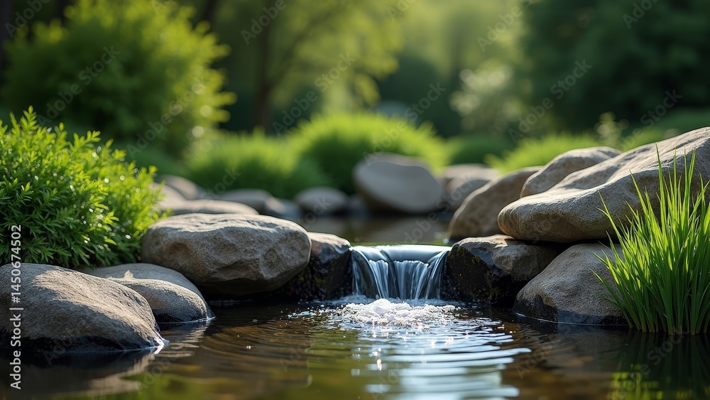 Serene garden water feature with trickling stream and lush green surroundings, perfect for relaxation