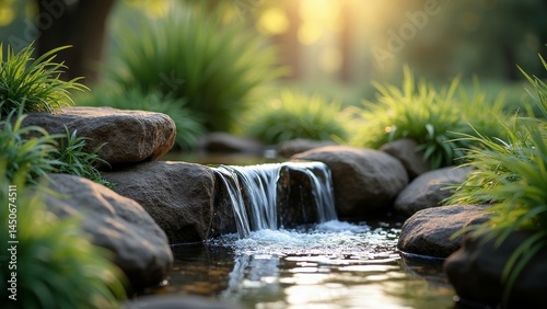 Tranquil garden stream with gentle waterfall and lush grass, ideal for nature lovers