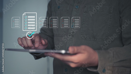 Digital Document Transfer and File Synchronization via Tablet with Floating Icons.