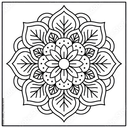 An intricate mandala design, a symbol of peace, balance, and spiritual growth, in a captivating minimalist outline. coloring page