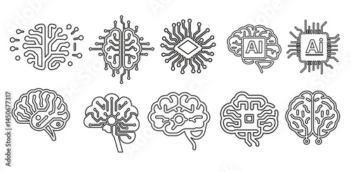 Artificial Intelligence Brain Icons Set - AI, Technology, and Neural Network Collection