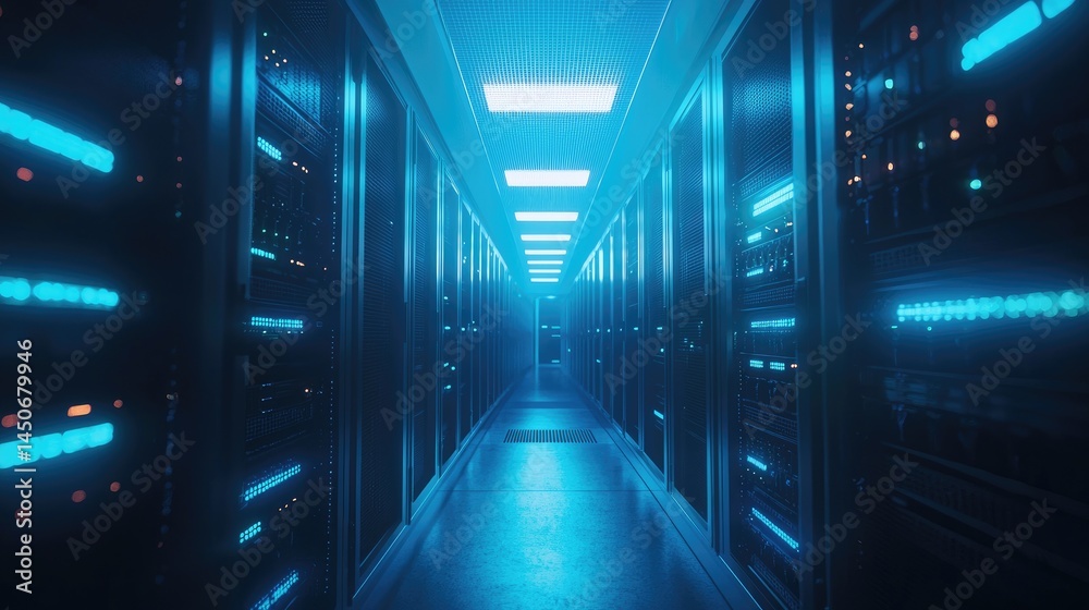 Fototapeta premium Blue-lit server banks in a symmetrical formation, great for cloud storage representation, web hosting platforms, and digital control systems