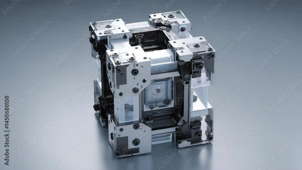 Detailed 3D render of a complex metallic cube shaped mechanism against a neutral gray background. The intricate design features numerous interconnected parts in shades of silver, black, and white. Detailed 3D render of a complex metallic cube shaped mechanism against a neutral gray background. The intricate design features numerous interconnected parts in shades of silver, black, and white.