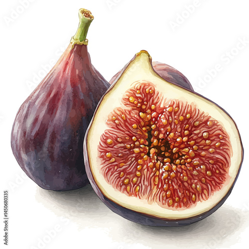 Figs Cut Open To Show The Texture, vector watercolor illustration, isolated on a white background.