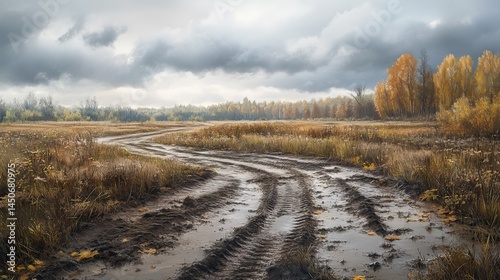 A muddy field in autumn, with tire tracks and a cloudy sky. It's an off-road area.
