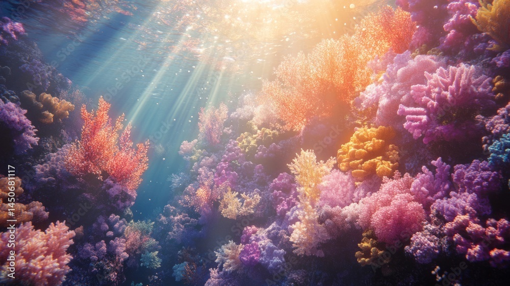 Fototapeta premium Vibrant Underwater Coral Reef Scene with Sunlight