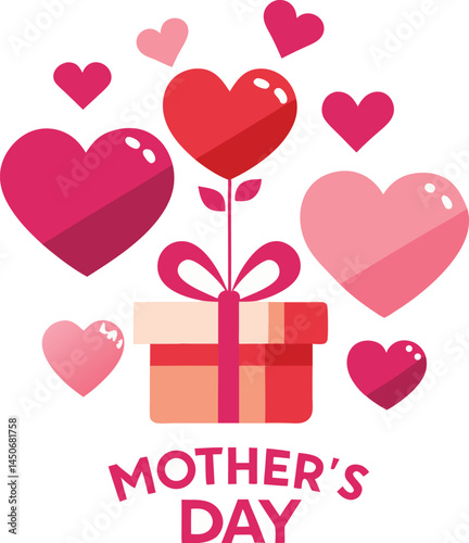 Mother's Day postcard with flying paper hearts and one gift box