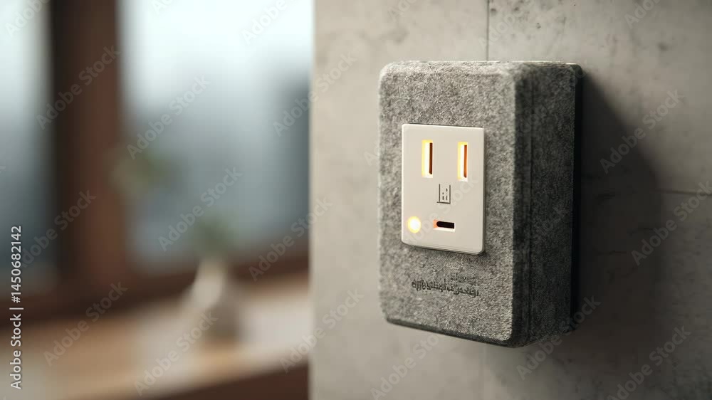Close up view of a white electrical outlet with a gray textured cover, mounted on a concrete wall. Soft, natural light illuminates the scene, with a blurred window in the background.