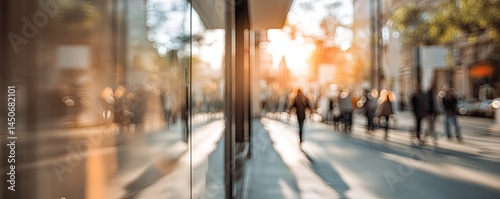 Busy city street scene on a sunny day