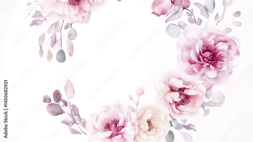 Obraz premium Watercolor Floral Wreath with Peonies and Eucalyptus on White