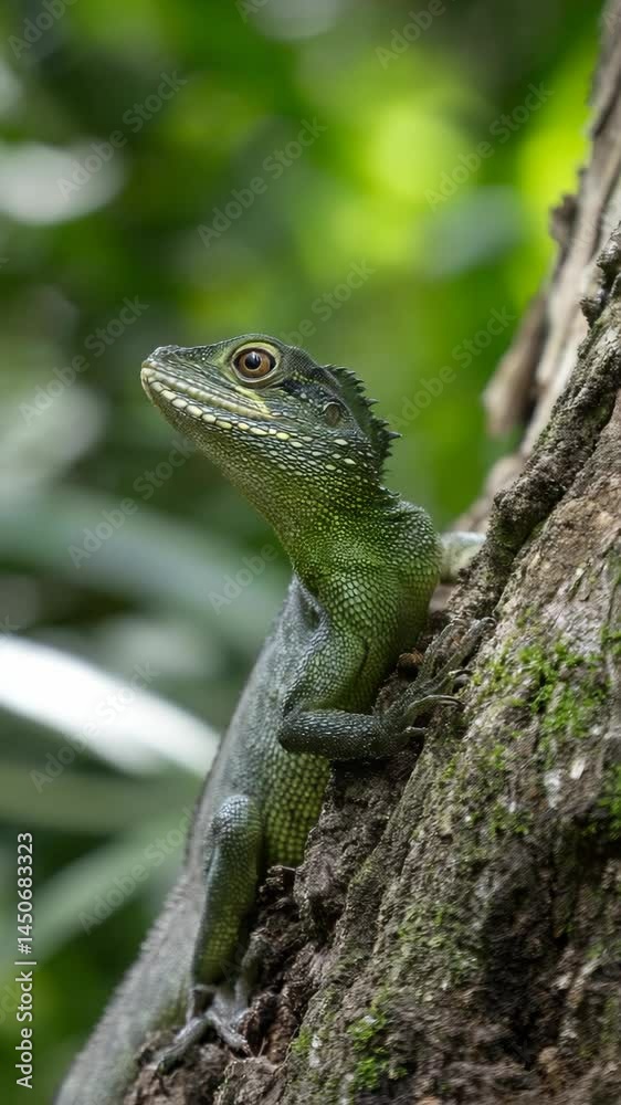 Green water dragon lizard climbing on tree trunk in rainforest with lush green foliage, close-up of head and body scales Green water dragon lizard climbing on tree trunk in rainforest with lush green foliage, close-up of head and body scales