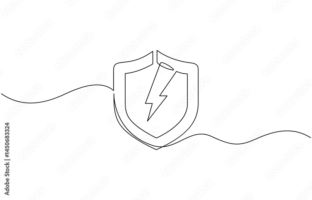 Obraz premium Continuous linear drawing of shield with lightning. Safety concept, Security shield energy icons continuous one line drawing, protection.