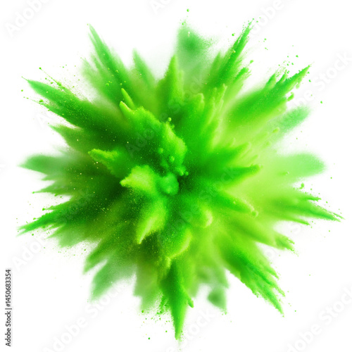 Neon green color powder explosion isolated on transparent background.