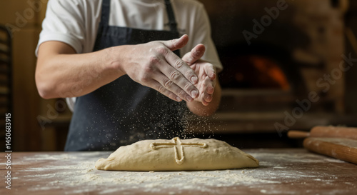 Baker hands dusting flour on dough for traditional bread with cross. Close up of bread making process. Artisan baking concept. photo