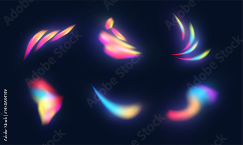 Set of colorful glowing highlights refracting in bright rainbow tones with smooth blur on dark background. Vector