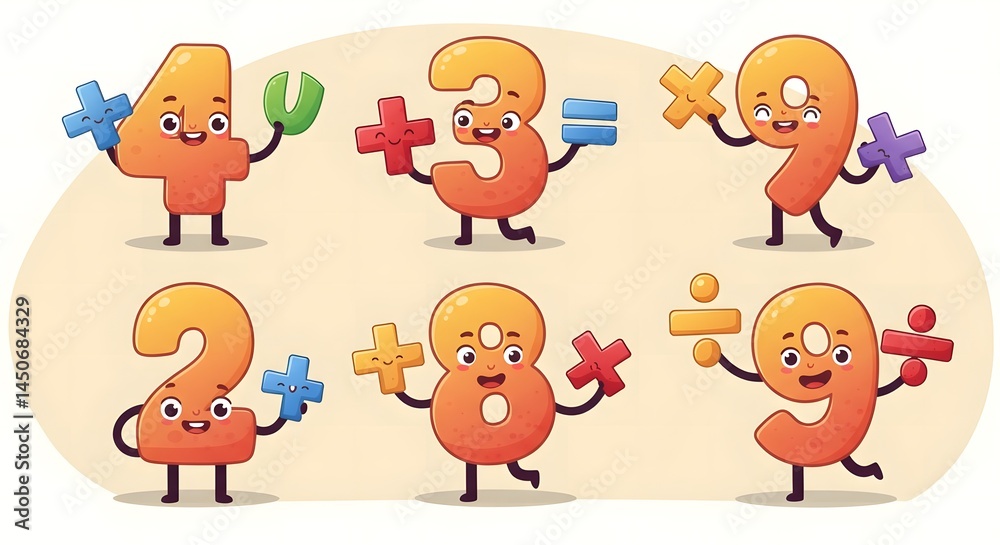 Fototapeta premium Cartoon Number Characters Teaching Math with Addition, Subtraction, and Division