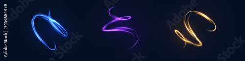 Set of glowing spiral light trails in blue, violet, and golden tones on dark background. Used in digital overlays, energy visualizations, and abstract motion compositions.

