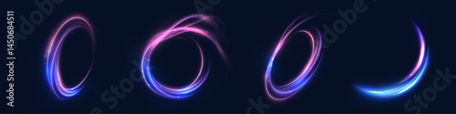 Set of glowing pink and blue neon rings and arcs with smooth light trails on dark background. Applied in motion graphics, UI highlights, and abstract digital compositions.

