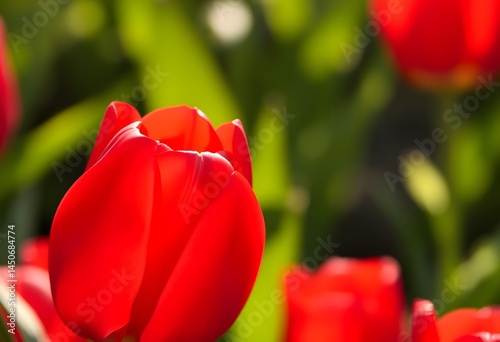 Graceful Red Tulip, A Stunning Bloom, Bathed In Morning Light. Shimmering Petals Stand Tall. Green Leaves Blur, A Lovely Background. A Natural Floral Beauty.