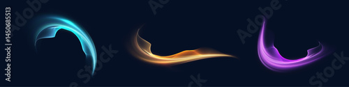 Set of abstract glowing wave shapes in blue, gold and purple colors with liquid flow effect. Vector for game interfaces