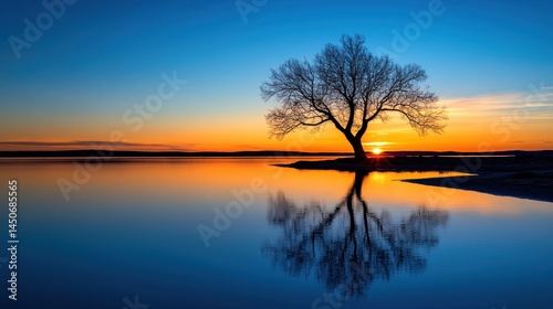 Tree silhouette at sunrise on calm lake