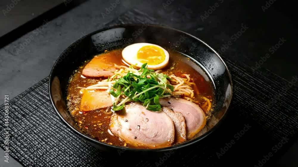 Delicious Japanese Ramen Bowl with Braised Pork, Soft Boiled Egg, and Fresh Herbs
