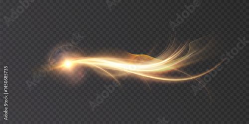 Golden light comet with bright glare and bright magic flow on transparent background. Dynamic energy trail with fantastic shine and light curved flow. Vector