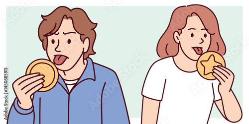 Boy and girl smiling while eating Dalgona candy because they really want to be winner