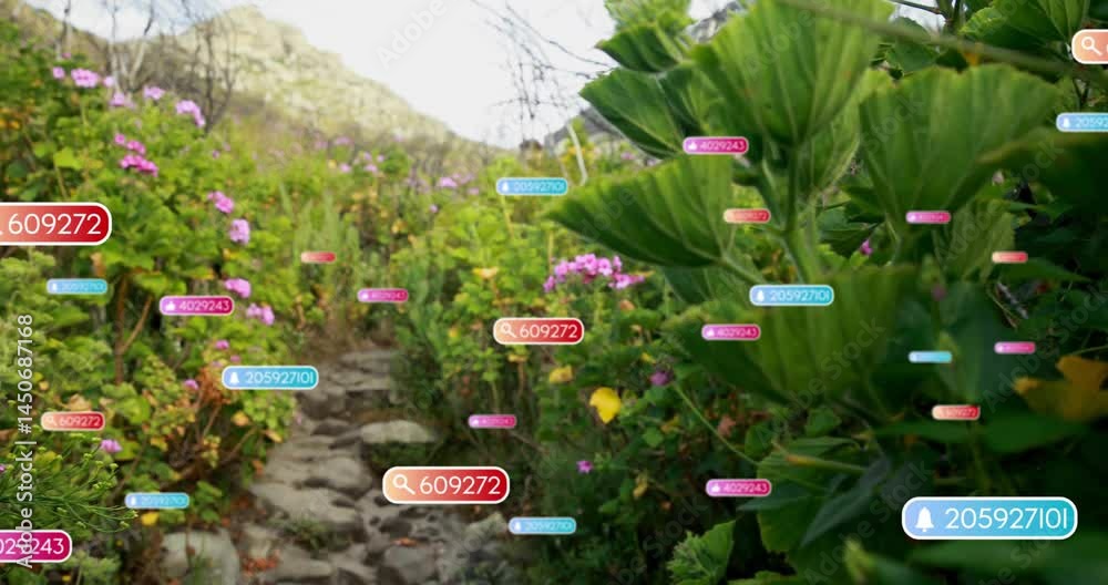 hiker exploring rugged mountain path, examining floating AR tech labels ...