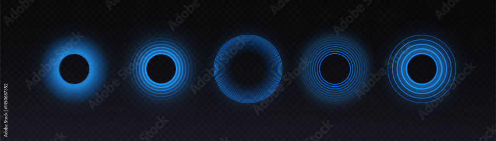 A set of radar style circular pulse interfaces with glowing concentric rings of blue light. Includes scanning visuals, pulse rotation, and digital detection elements on a dark background.