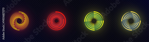 Set of radar-style circular pulse interfaces with glowing concentric rings in red, yellow, green, and blue. Includes scanning visuals, pulse rotation, and digital detection elements on dark background