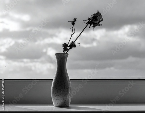 A single wilting flower in a cracked vase on a windowsill under gray skies.
