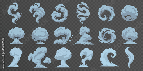 Vector set of blue smoke clouds, swirl shapes and explosion effects with rounded outlines. Swirl, wave and impact shape icons for visual effects, motion graphics and interfaces.