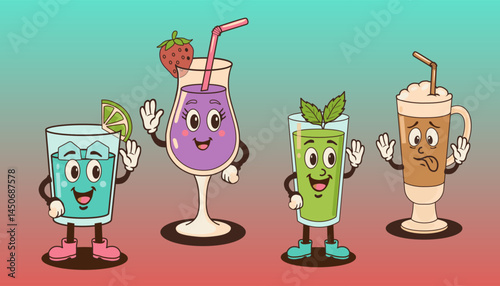 Funny cartoon vector icons of drinks with faces and different emotions. Illustrations for children's projects, menu, packaging and drink design.