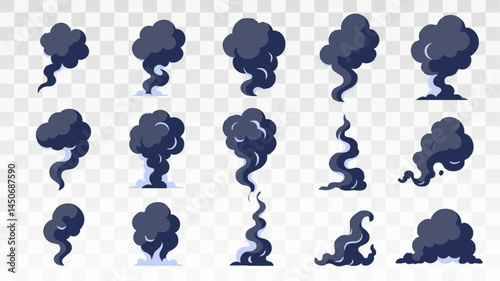 Vector set of dark smoke clouds, swirl shapes and explosion effects with rounded outlines. Swirl, wave and impact shape icons for visual effects, graphics.