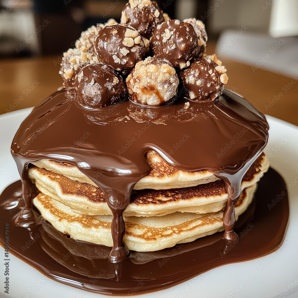 Stack of pancakes with chocolate sauce and chocolate chips on top Stack of pancakes with chocolate sauce and chocolate chips on top