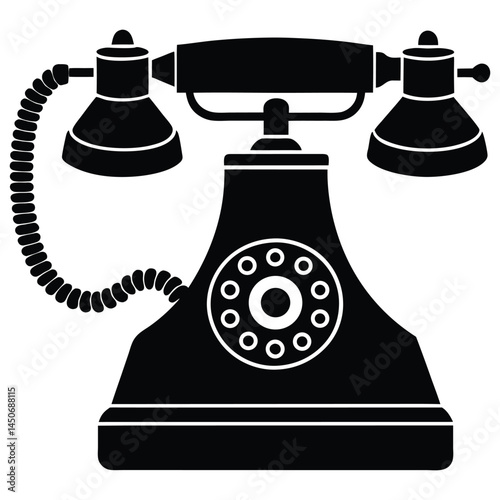 Vintage rotary telephone black silhouette icon, classic design, old telephone silhouette