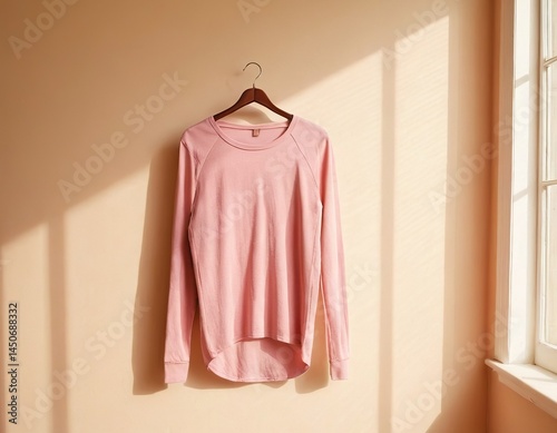 Light pink long-sleeve shirt hanging in sunlight, with soft shadows creating an inviting atmosphere.
