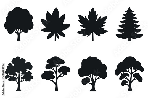Collection of black silhouette vector illustrations featuring various tree shapes and designs, including deciduous and coniferous trees, perfect for nature, environment, and ecological themes.